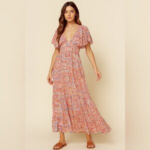 Stitch &‎ Feather Maxi Dress Flutter Sleeve Boho Floral Print Rayon Size Large